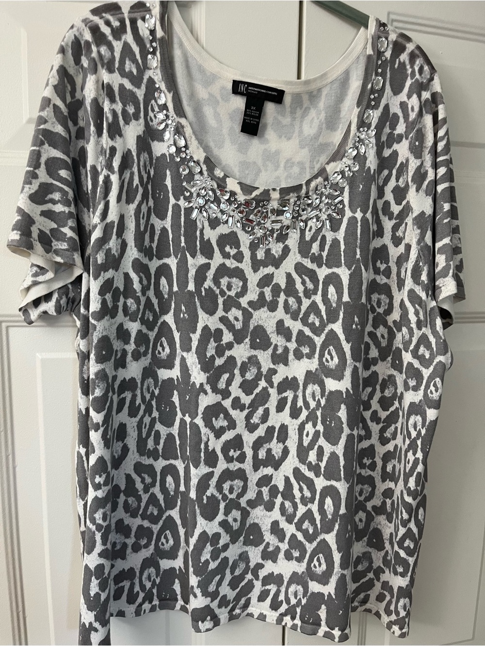 INC Jeweled Short Sleeve Animal Print Sweater